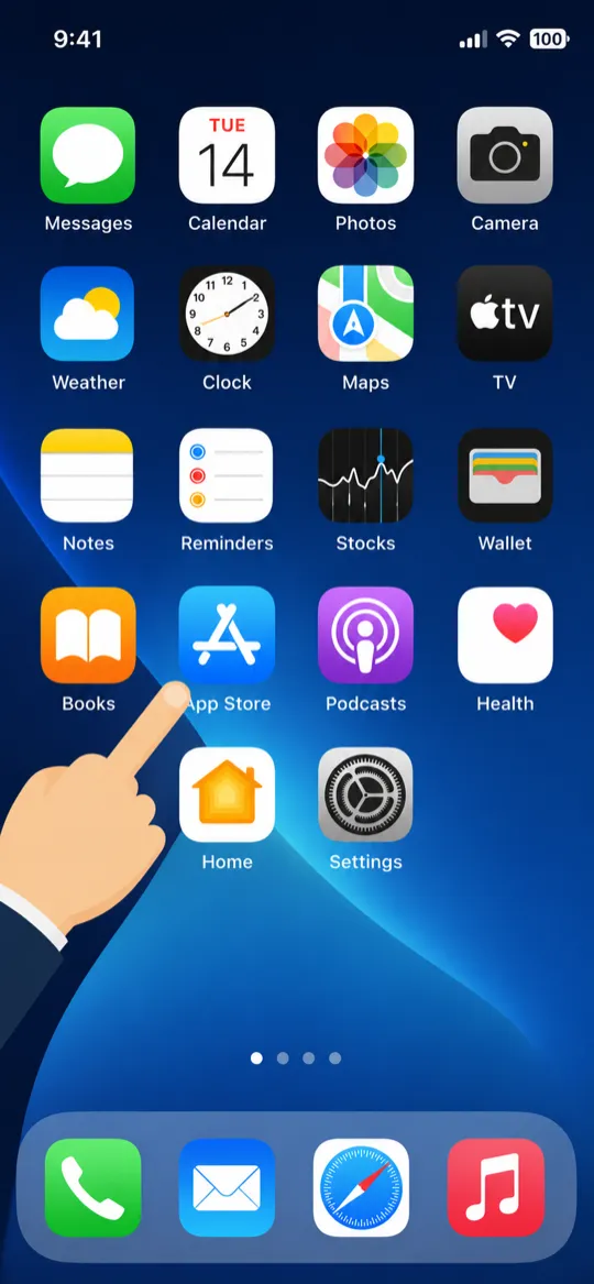 एका iPhone ची होम स्क्रीन ज्यात एक बोट निळ्या "App Store" आयकॉनकडे इशारा करत आहे.