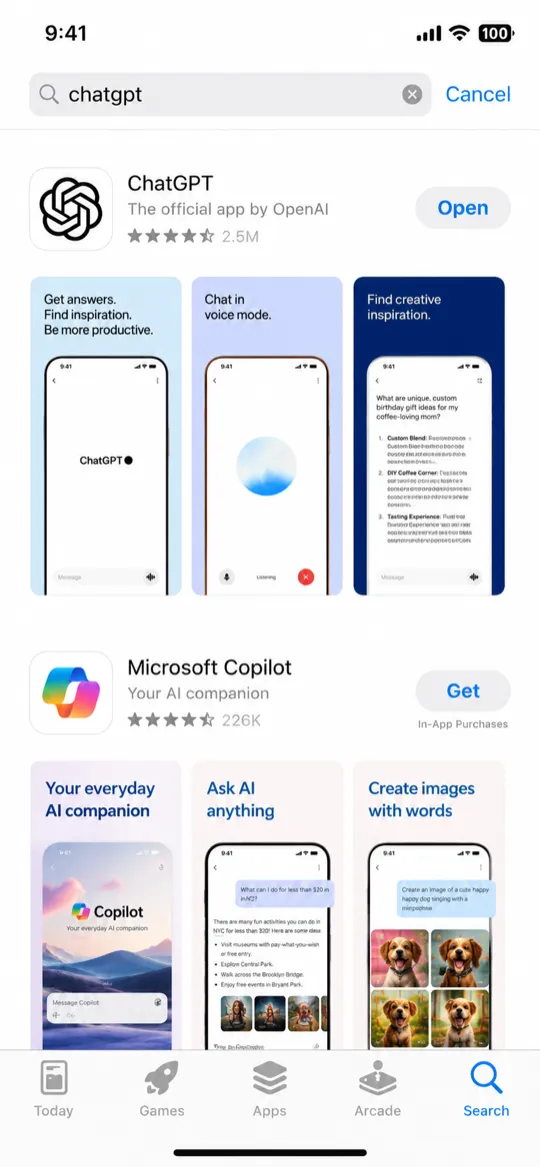 iPhone वर ChatGPT अ‍ॅपचे पान ज्यात "GET" बटण ठळक केलेला आहे.