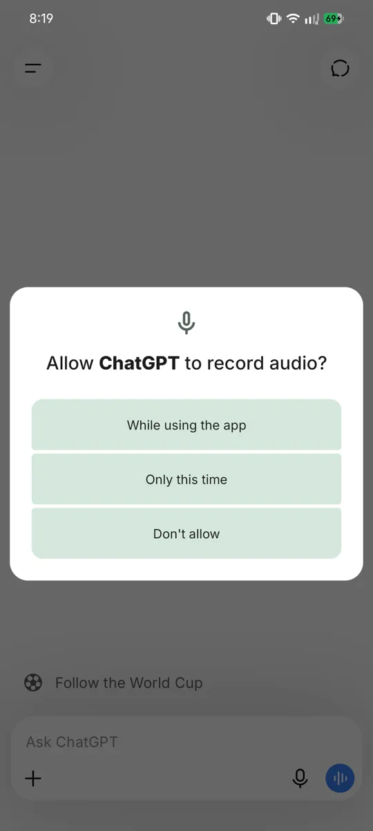 "Allow ChatGPT to record audio" परवानगीचा पॉप-अप ज्यात "Allow" बटण ठळक केलेला आहे.
