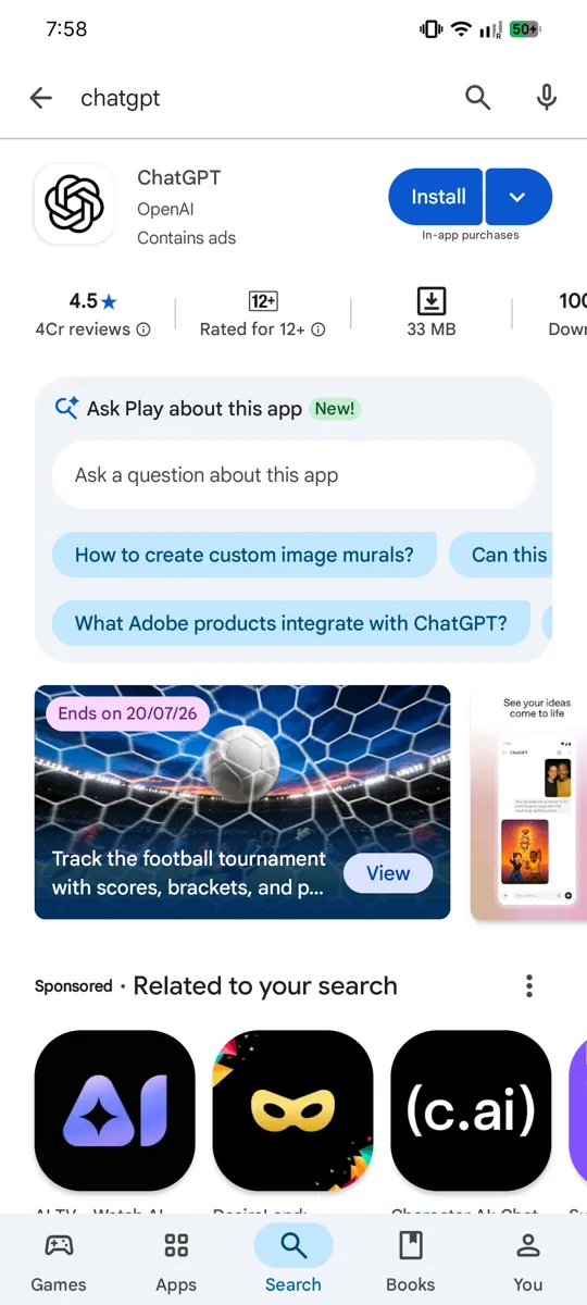 ChatGPT अ‍ॅपचे पान ज्यात हिरवा "Install" बटण ठळक केलेला आहे.