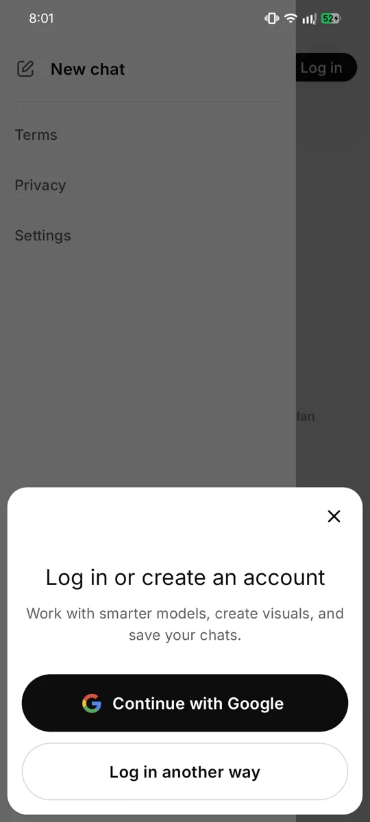 ChatGPT ची स्वागत स्क्रीन ज्यात "Sign up" आणि "Log in" चे पर्याय आहेत.